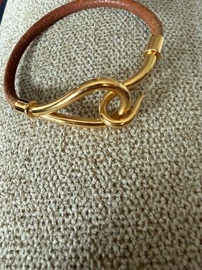 Hermes Gold tone hook Bracelet with Brown Leather Band
